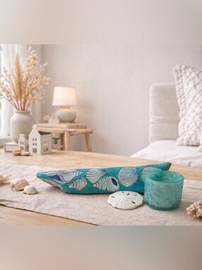 Coastal Driftwood Seashell Painting in Turquoise Blue